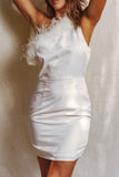 One-shoulder Feather Neckline Sleeveless Short Dress